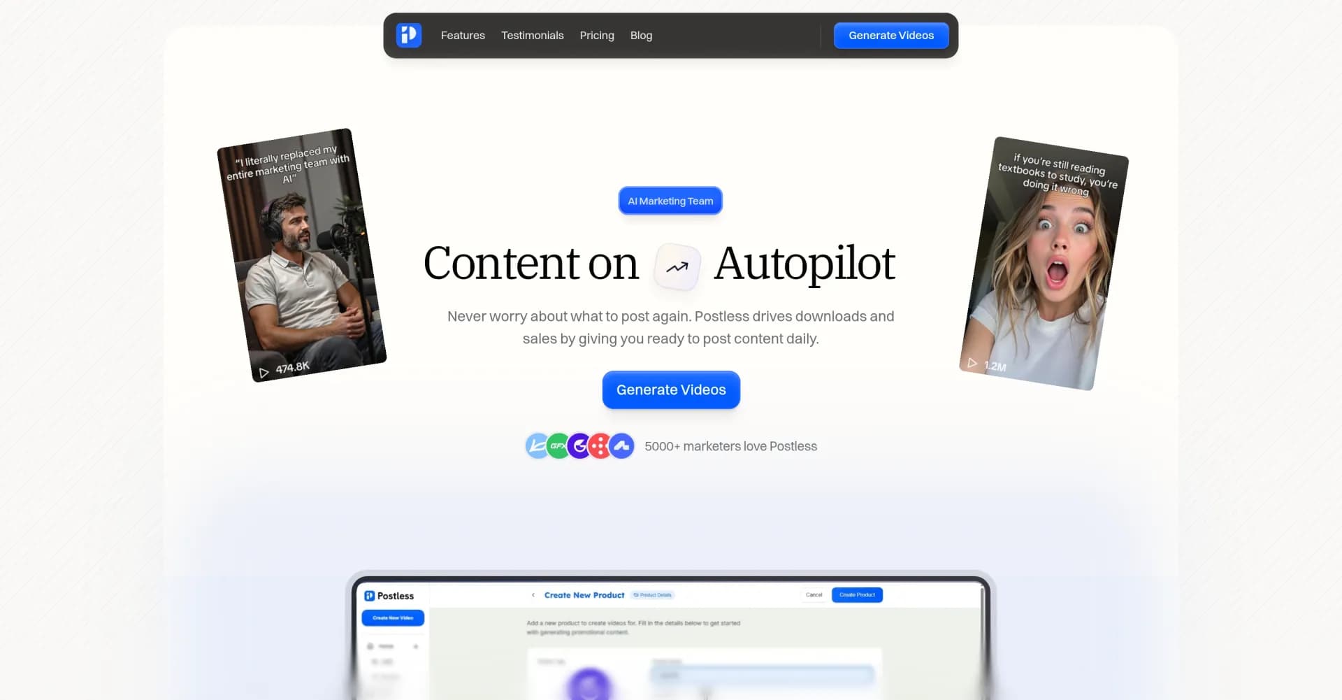 Postless homepage screenshot — AI-generated UGC videos on autopilot for viral marketing.