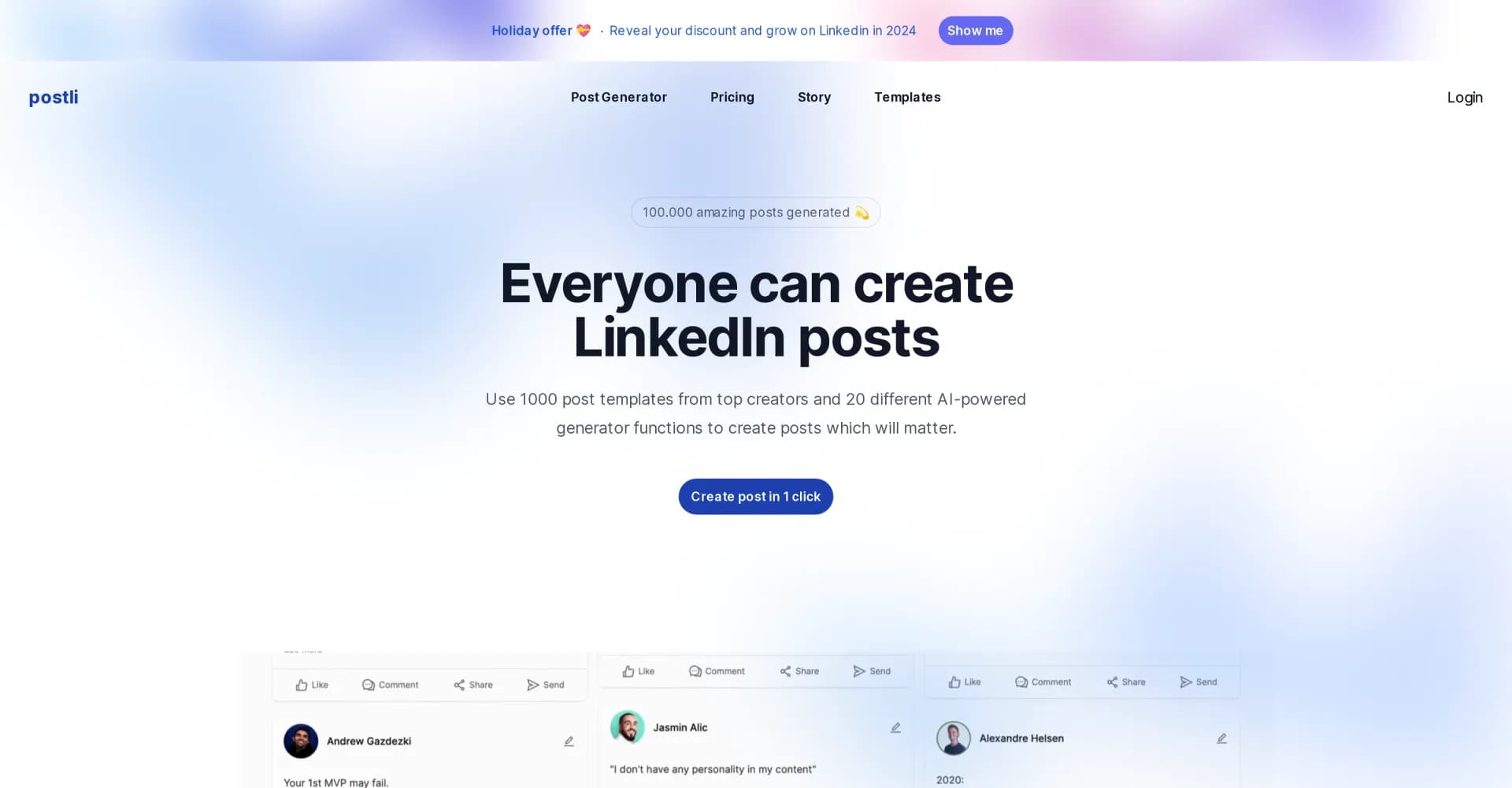 Postli homepage screenshot — AI-powered LinkedIn post creation made effortless