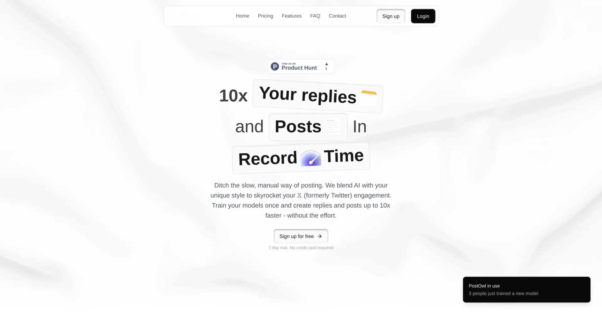 PostOwl homepage screenshot — AI-powered X/Twitter tool for faster, smarter posting.