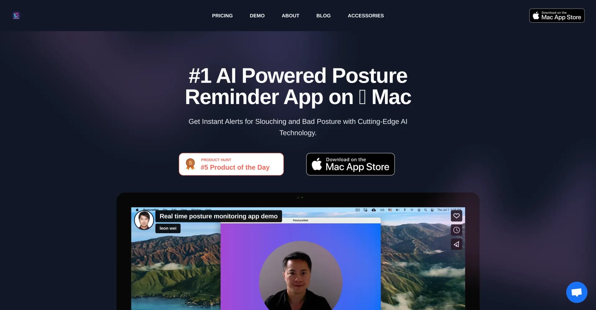 Posture Reminder App homepage screenshot — AI-powered posture alerts for Mac users.