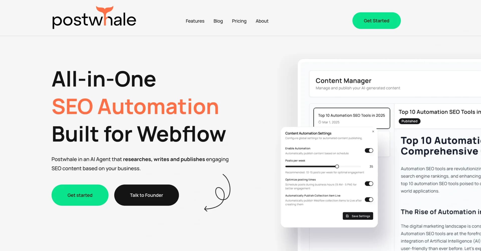 Postwhale homepage screenshot — AI SEO automation for Webflow: Research, write, publish.