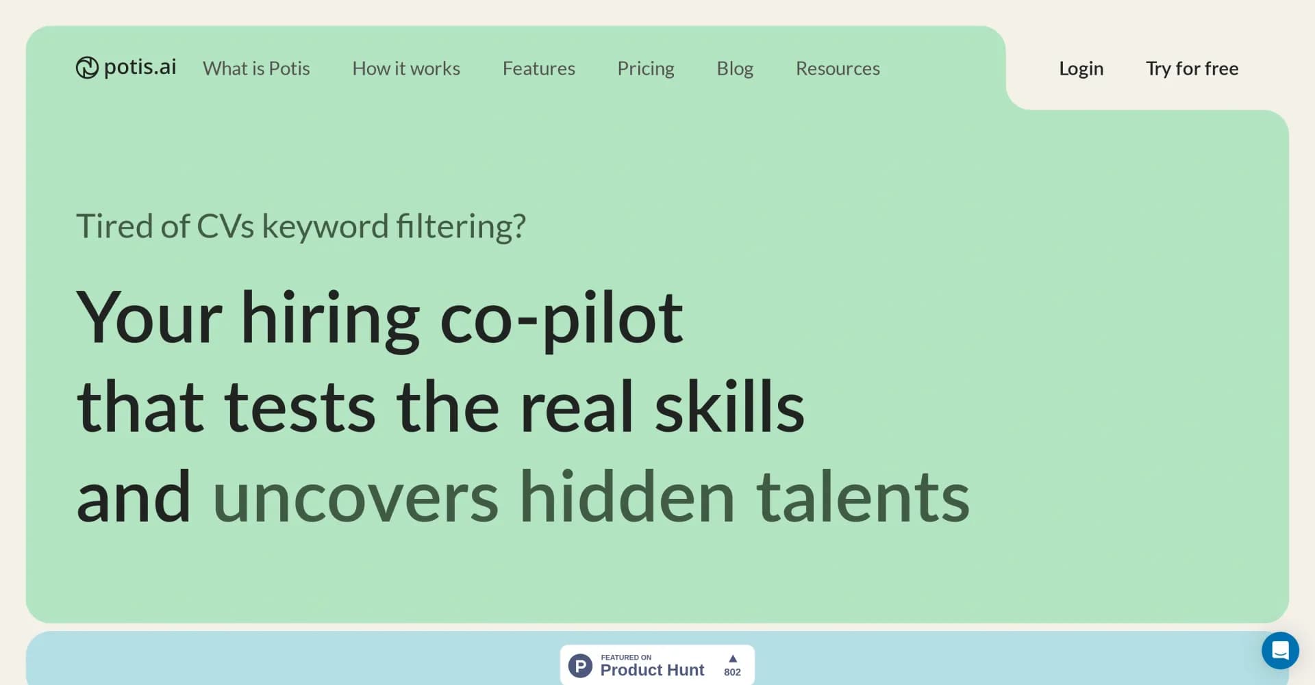 Potis homepage screenshot — AI-powered hiring copilot for efficient candidate screening.
