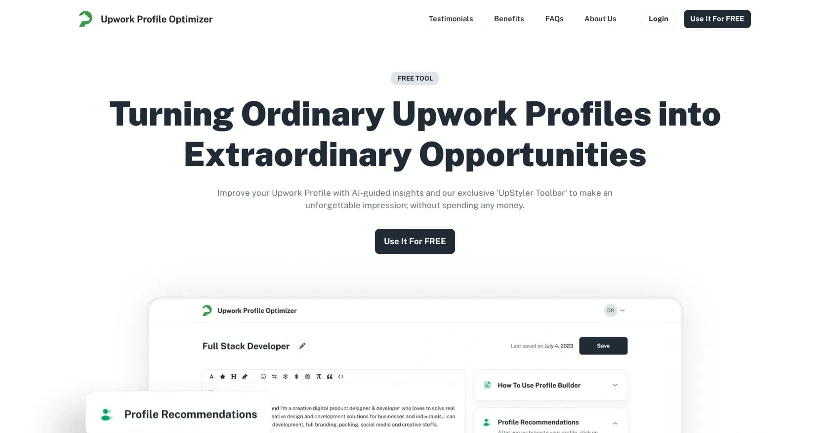 Pouncer homepage screenshot — AI-powered Upwork profile optimization