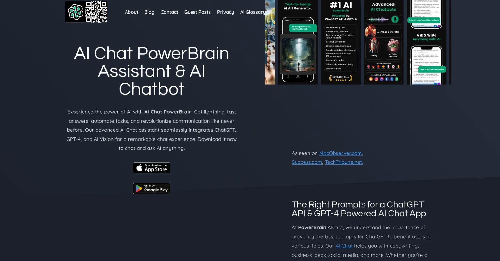 PowerBrain AI Chat homepage screenshot — AI Chat assistant & Chatbots for productivity & creativity a