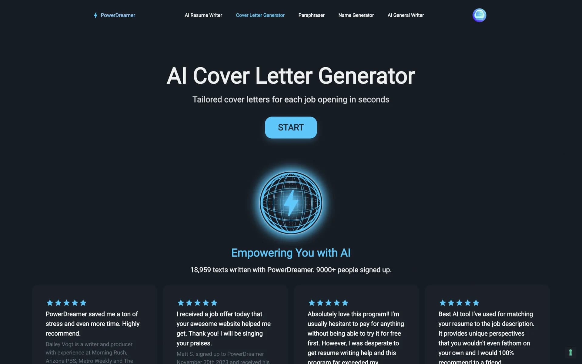 PowerDreamer AI Cover Letter Generator homepage screenshot — Tailored cover letters for each job opening in seconds