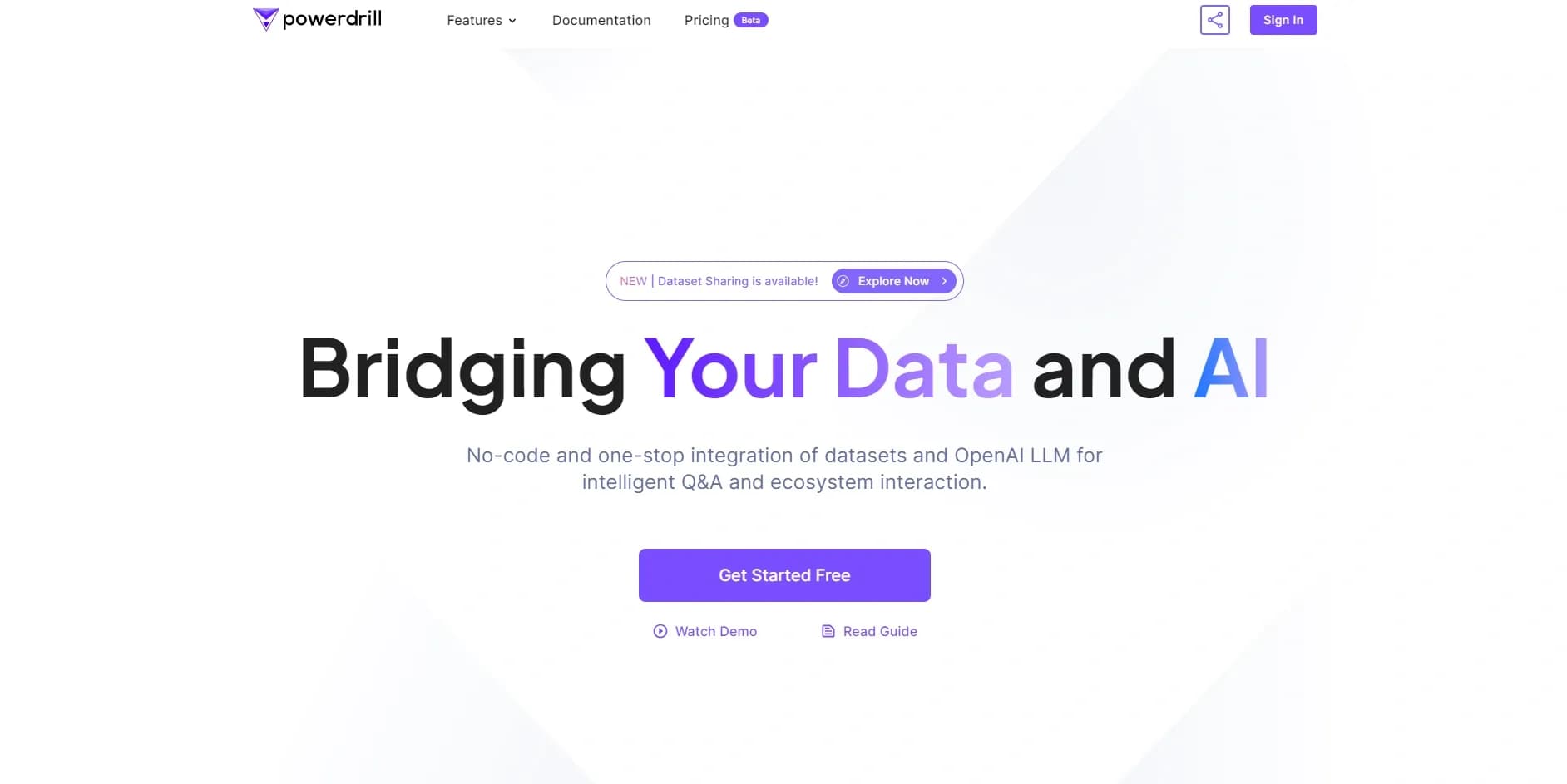 Powerdrill homepage screenshot — Bridge your data and AI for smarter answers.