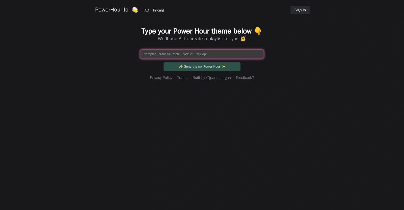 PowerHour homepage screenshot — Create AI-powered video power hours effortlessly.