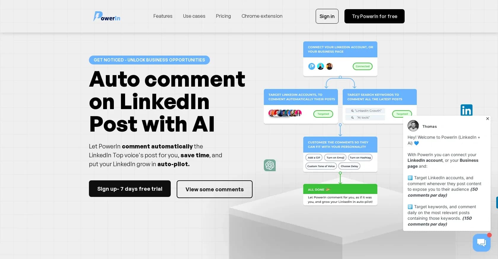 PowerIn homepage screenshot — Auto-comment on LinkedIn with AI for visibility
