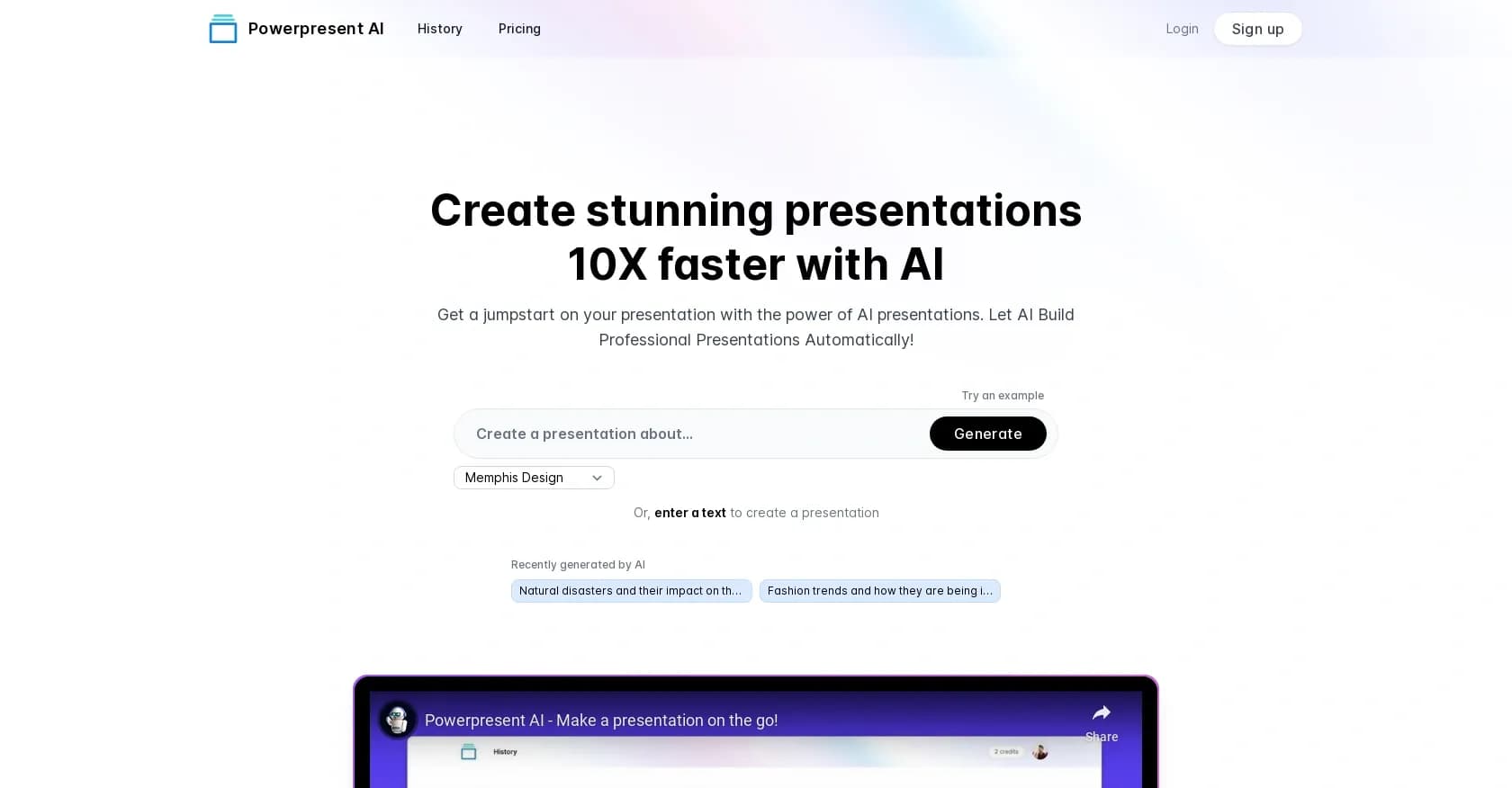 Powerpresent AI homepage screenshot — Create stunning presentations 10x faster with AI