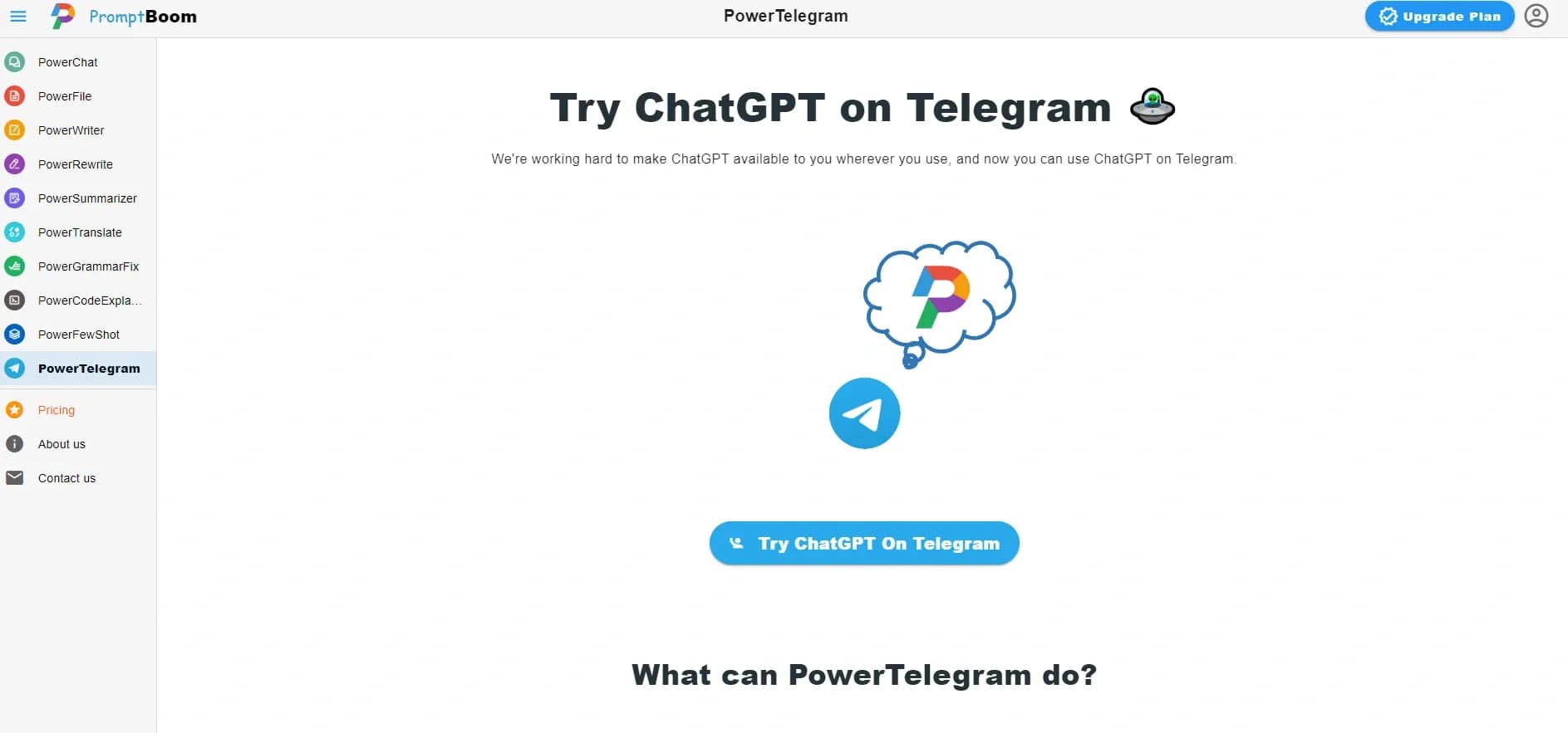 PowerTelegram homepage screenshot — AI-powered ChatGPT for Telegram: Chat anywhere, anytime.