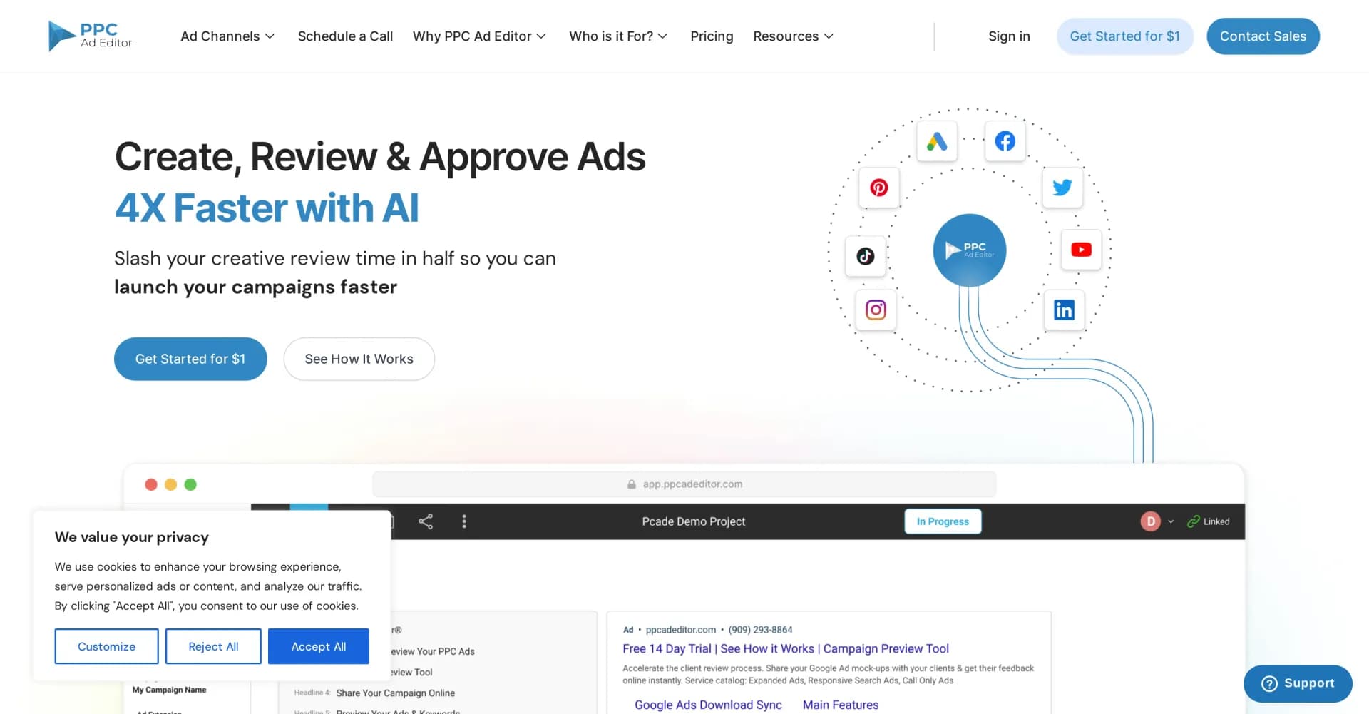 PPC Ad editor homepage screenshot — Create and approve ads 4X faster with AI