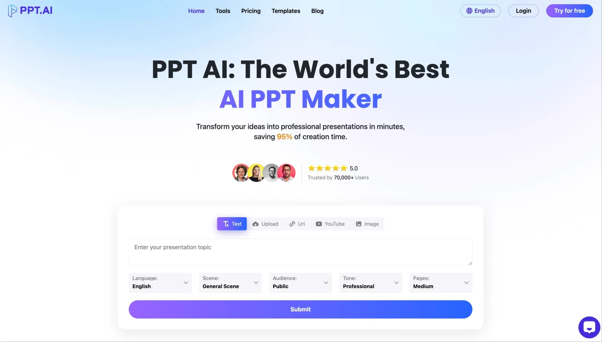 PPT.AIv1.2 homepage screenshot — Transform ideas into stunning presentations instantly