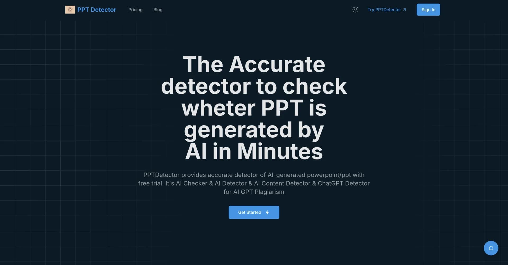 PPTDetector homepage screenshot — Detect AI-generated PowerPoint presentations in minutes.