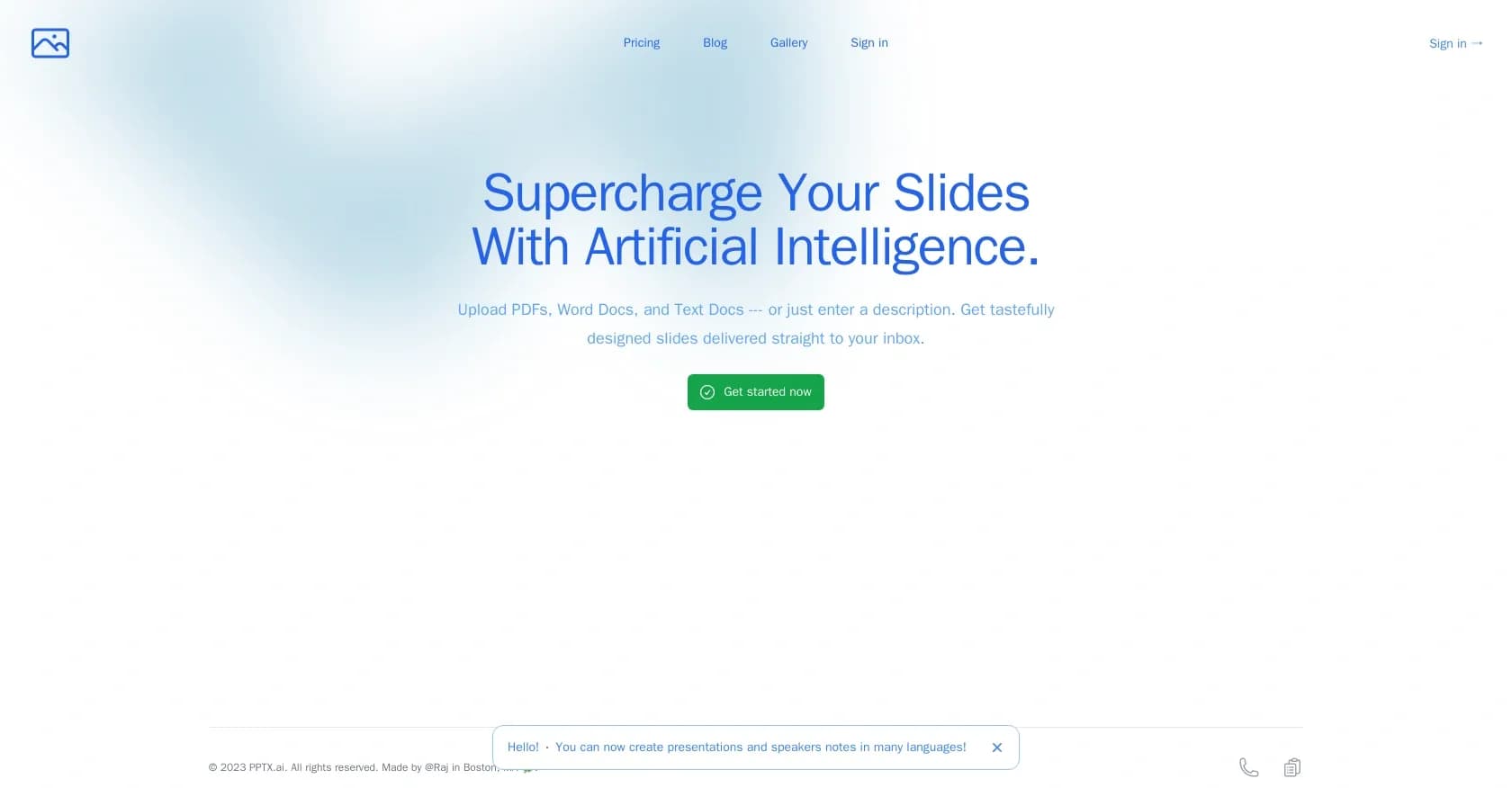 PPTX homepage screenshot — Create PowerPoint slides with AI in seconds.
