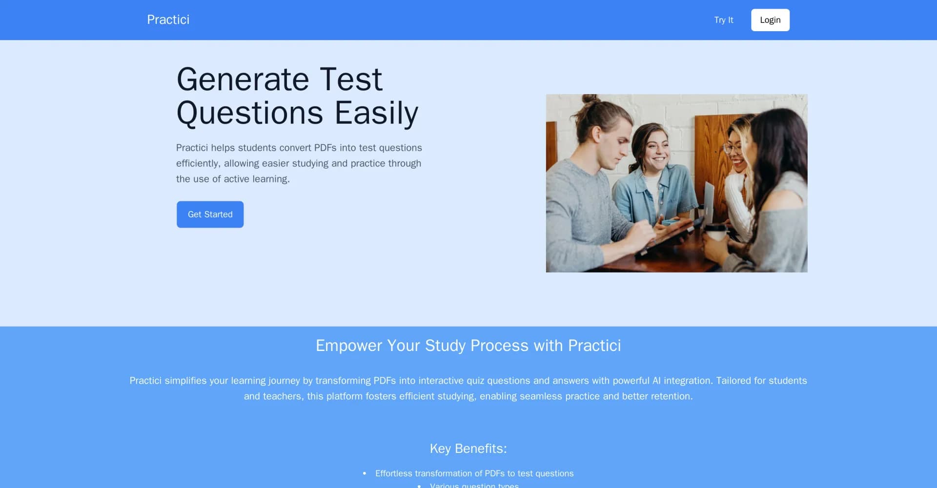 Practici homepage screenshot — Generate test questions from PDFs with AI.