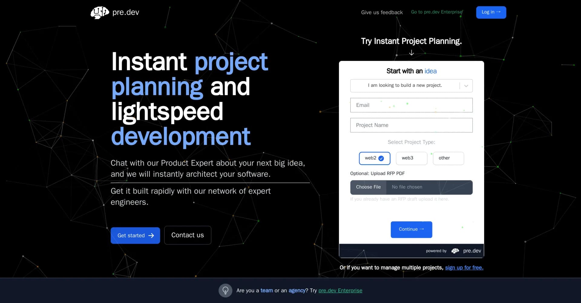 Pre.dev homepage screenshot — Instant project planning and rapid software development.