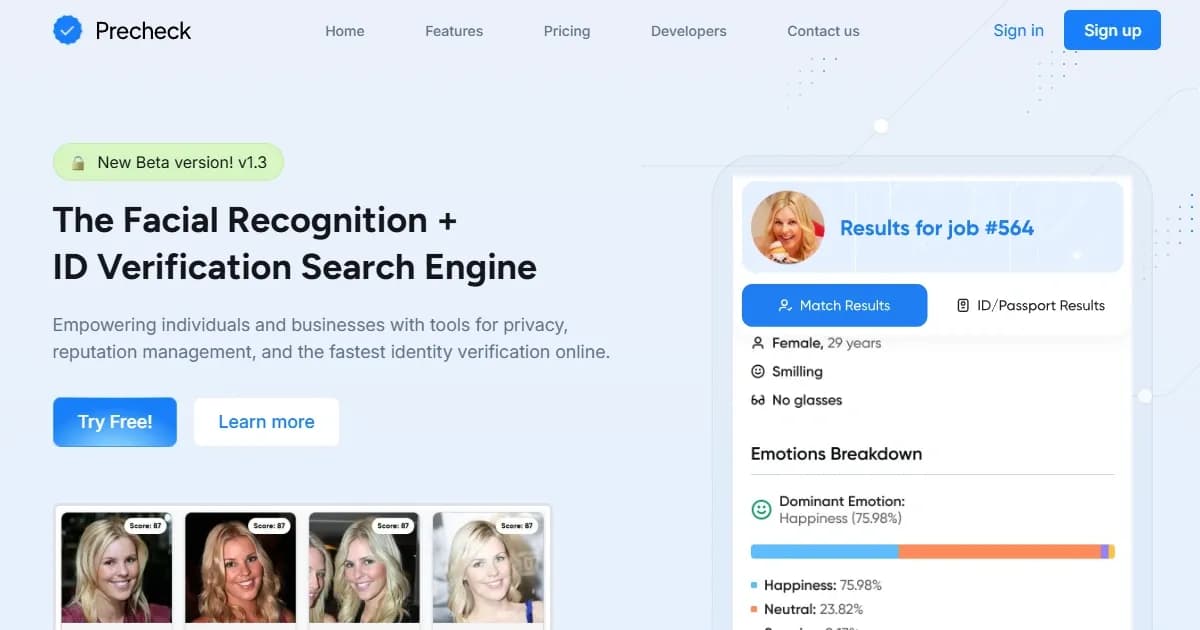 PreCheck.ai homepage screenshot — AI-powered facial recognition for privacy and fraud preventi