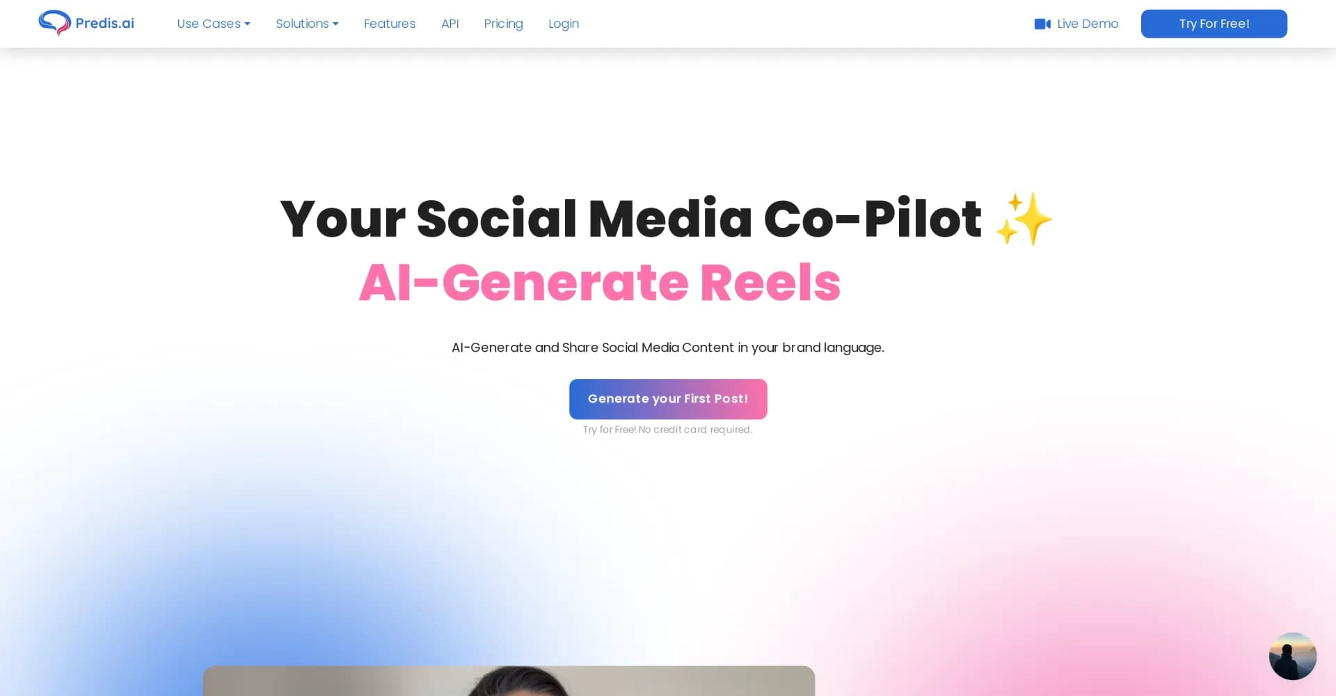 Predis.ai homepage screenshot — Your AI co-pilot for social media marketing.