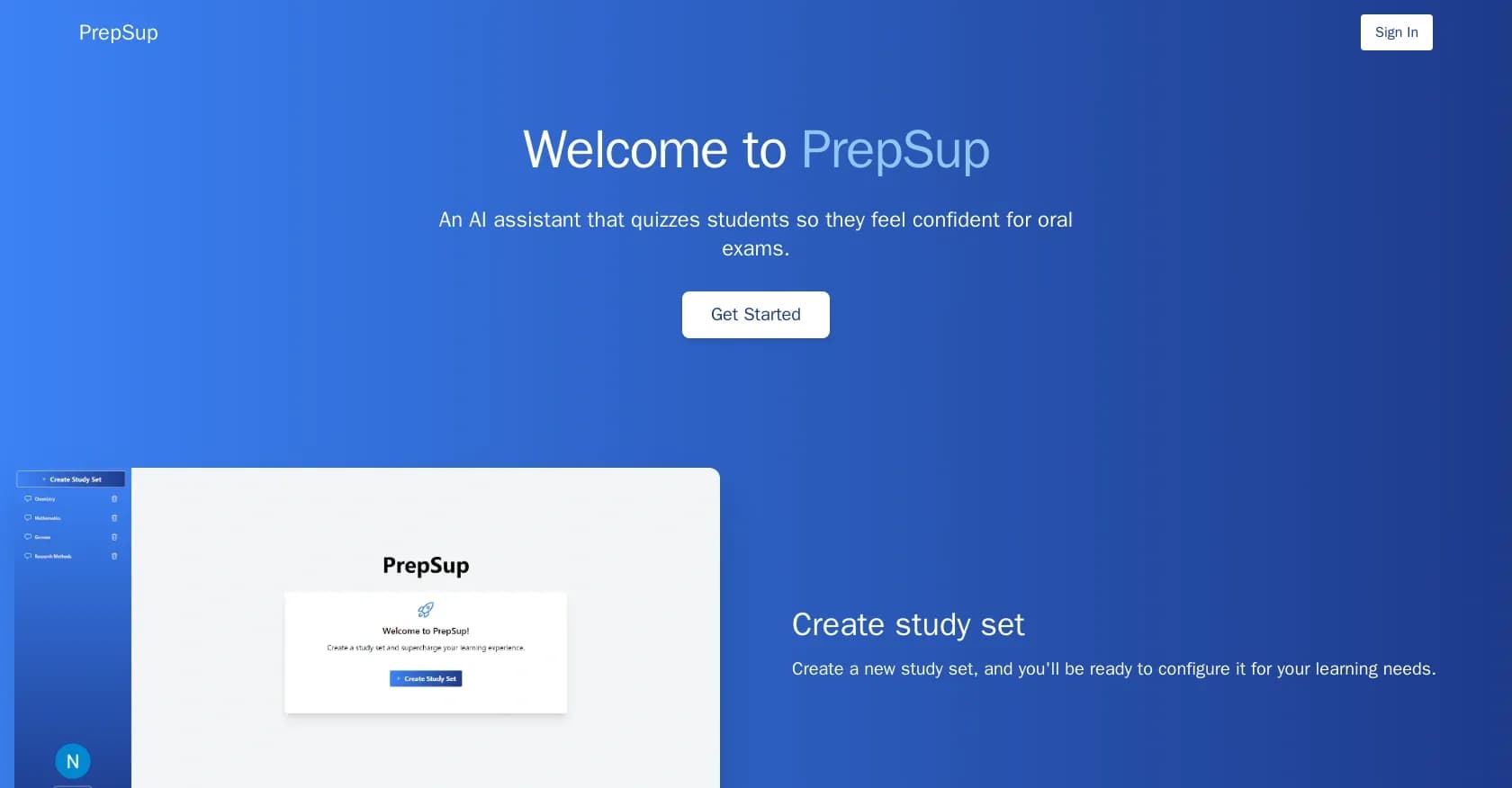 Prepsup homepage screenshot — AI-powered quizzing for oral exam mastery.