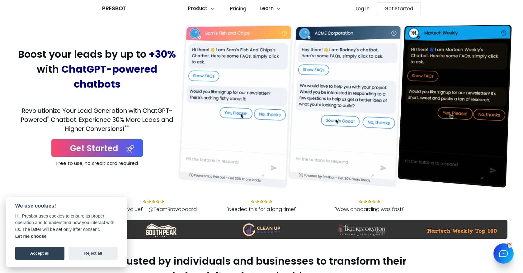 Presbot homepage screenshot — Boost leads with ChatGPT-powered chatbots