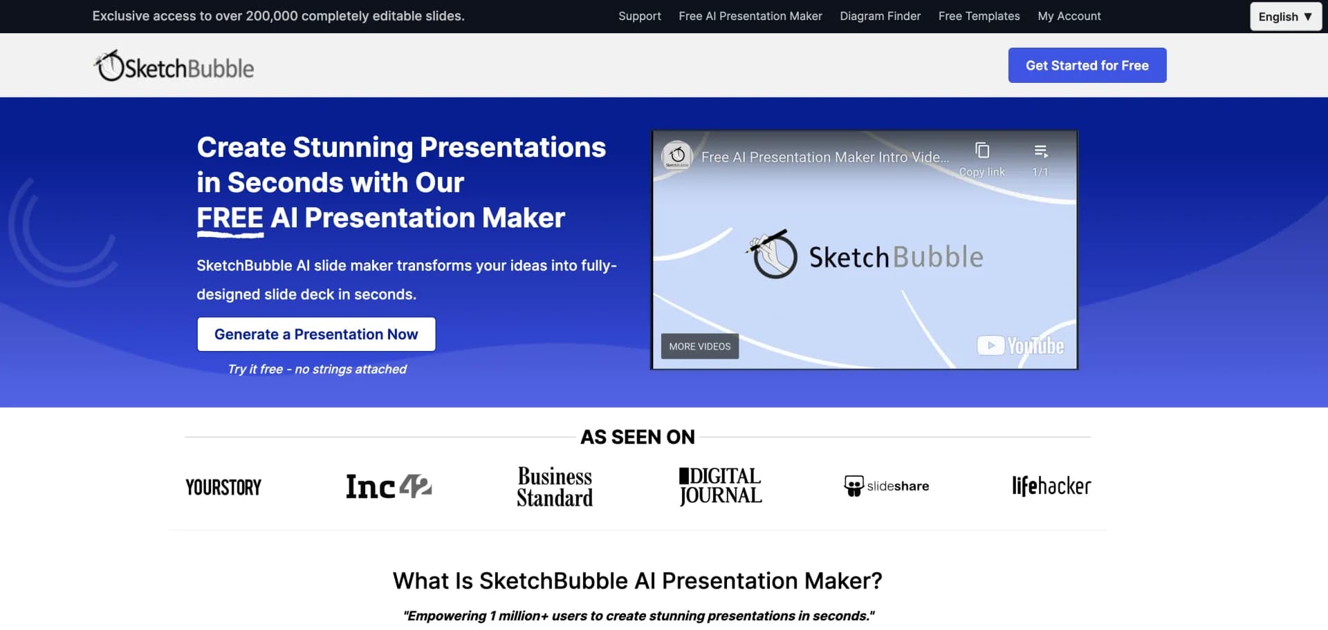 AI Presentation Maker by SketchBubble homepage screenshot — Create stunning presentations in seconds with AI