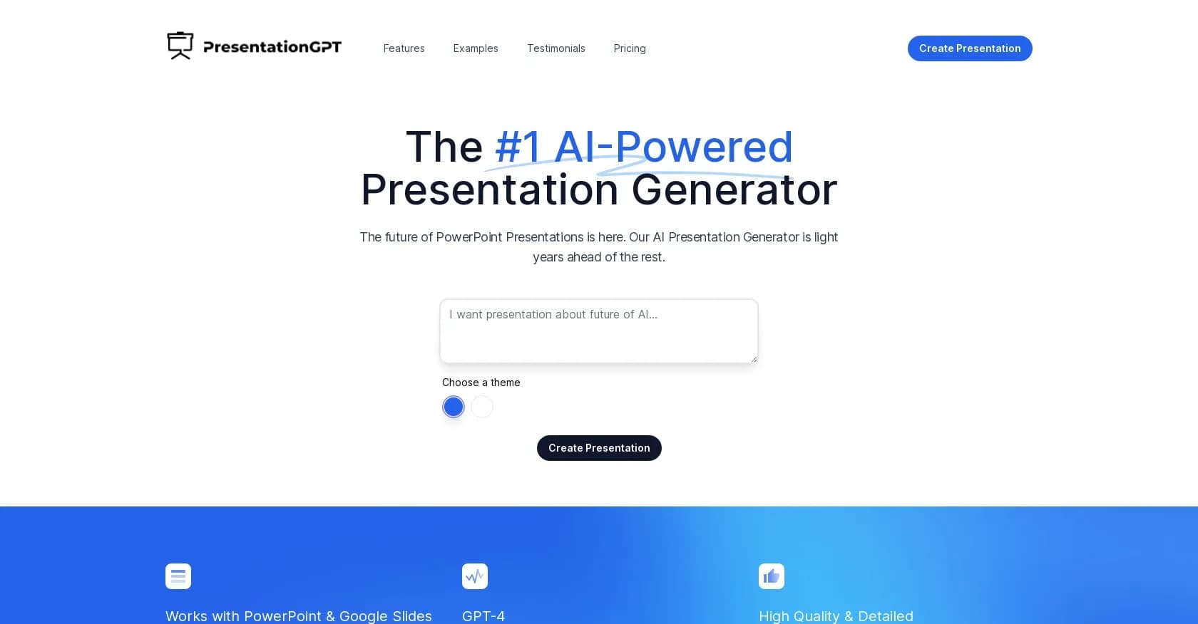 PresentationGPT homepage screenshot — Customizable presentations generated efficiently.