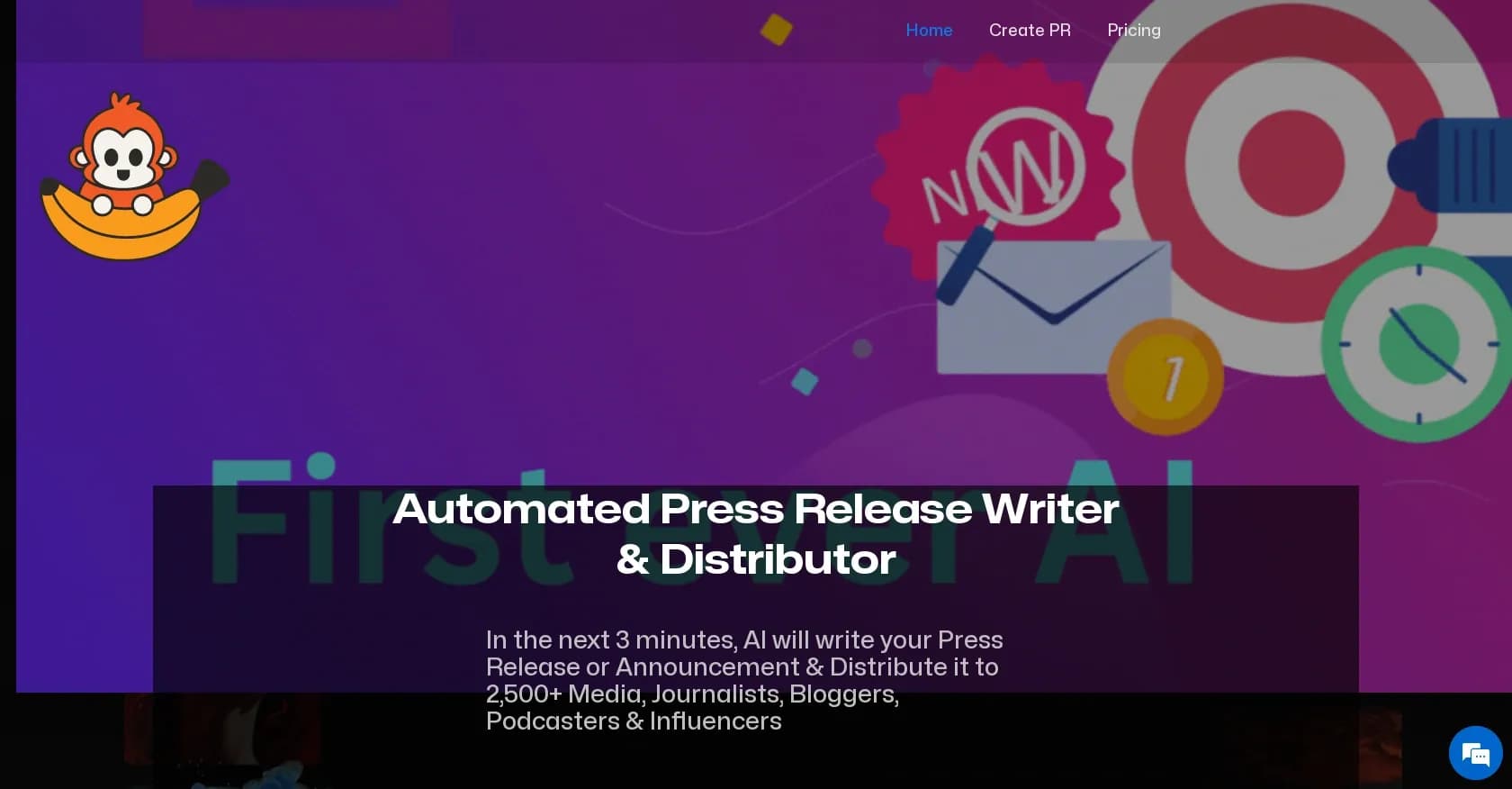 Press Monkey homepage screenshot — AI-powered press release writing and distribution.