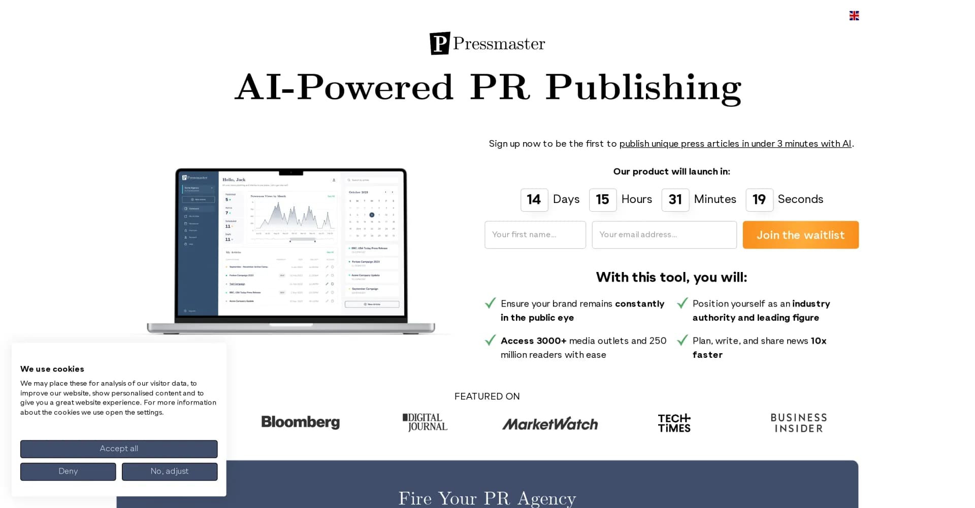Pressmaster homepage screenshot — AI-powered PR: Plan, craft, and publish press releases in mi