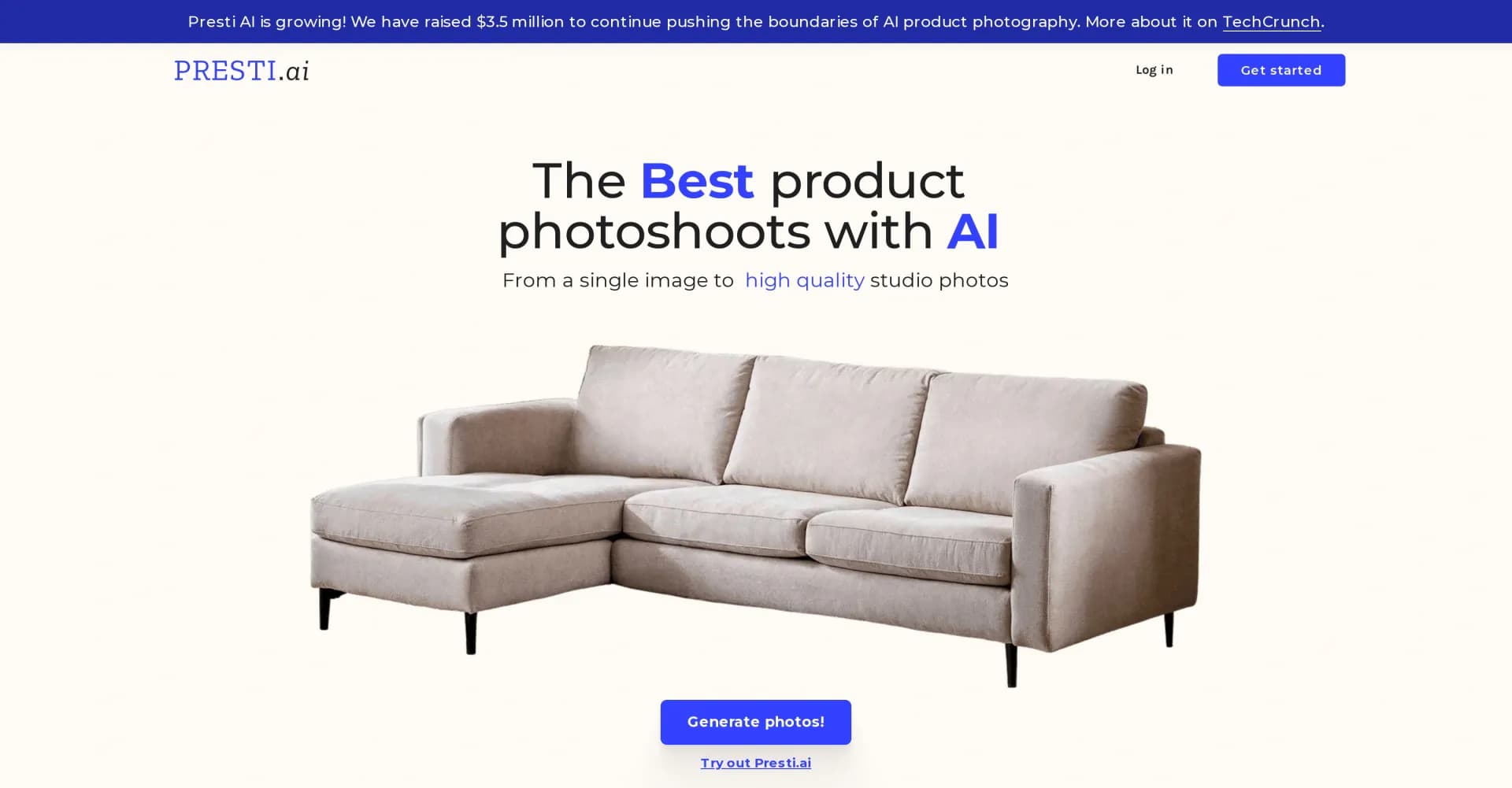 Presti AI homepage screenshot — AI-powered backgrounds for stunning product photos
