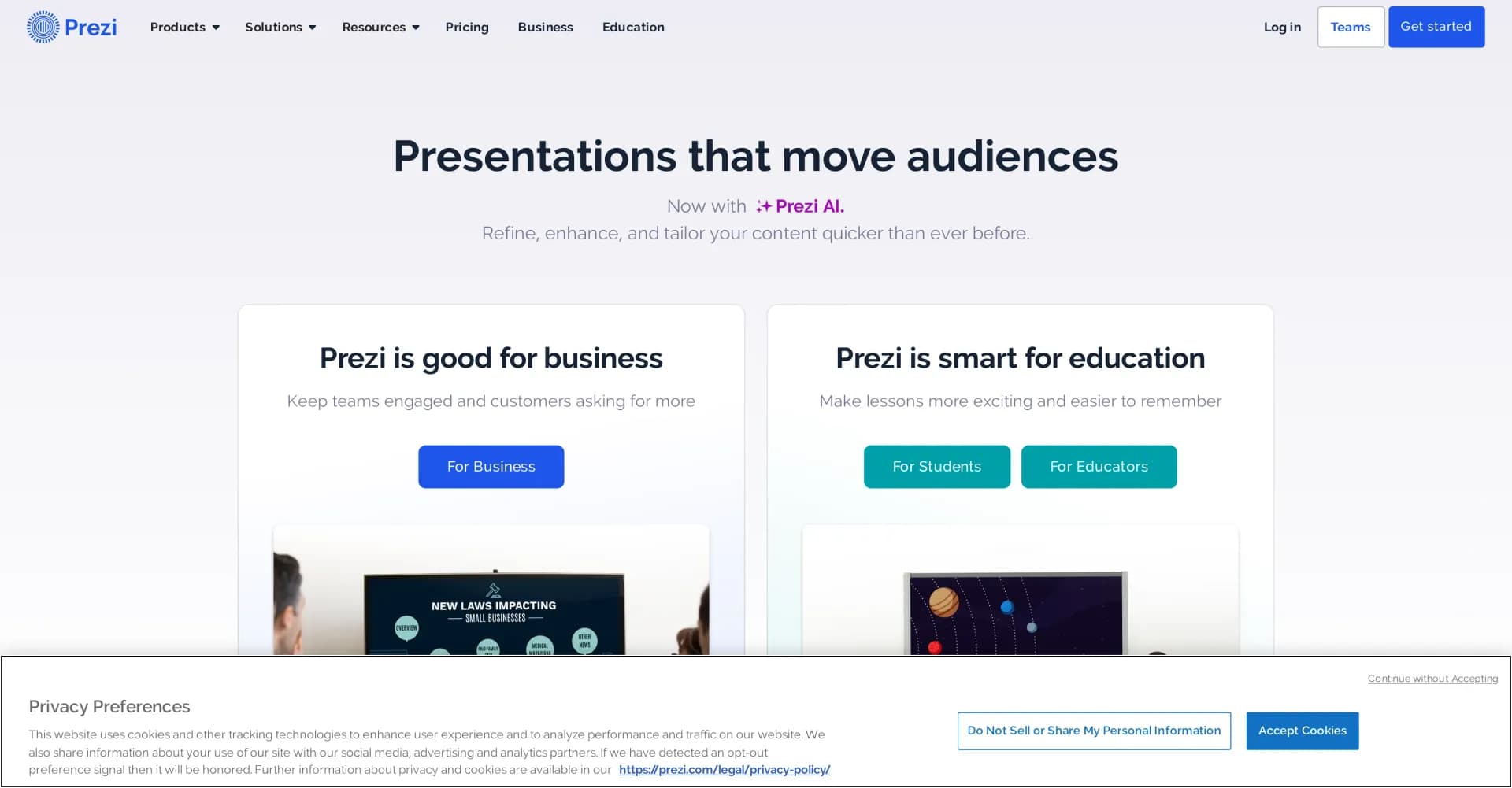 Prezi homepage screenshot — Bring ideas to life with dynamic presentations