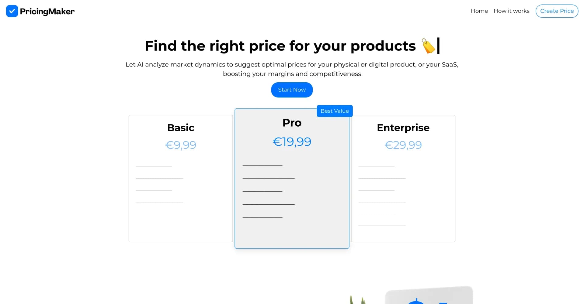 PricingMaker homepage screenshot — AI-driven pricing strategies to maximize profitability.