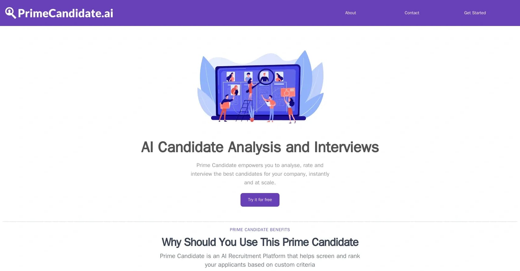 Prime Candidate homepage screenshot — AI-powered candidate analysis, interviews, and screening at 