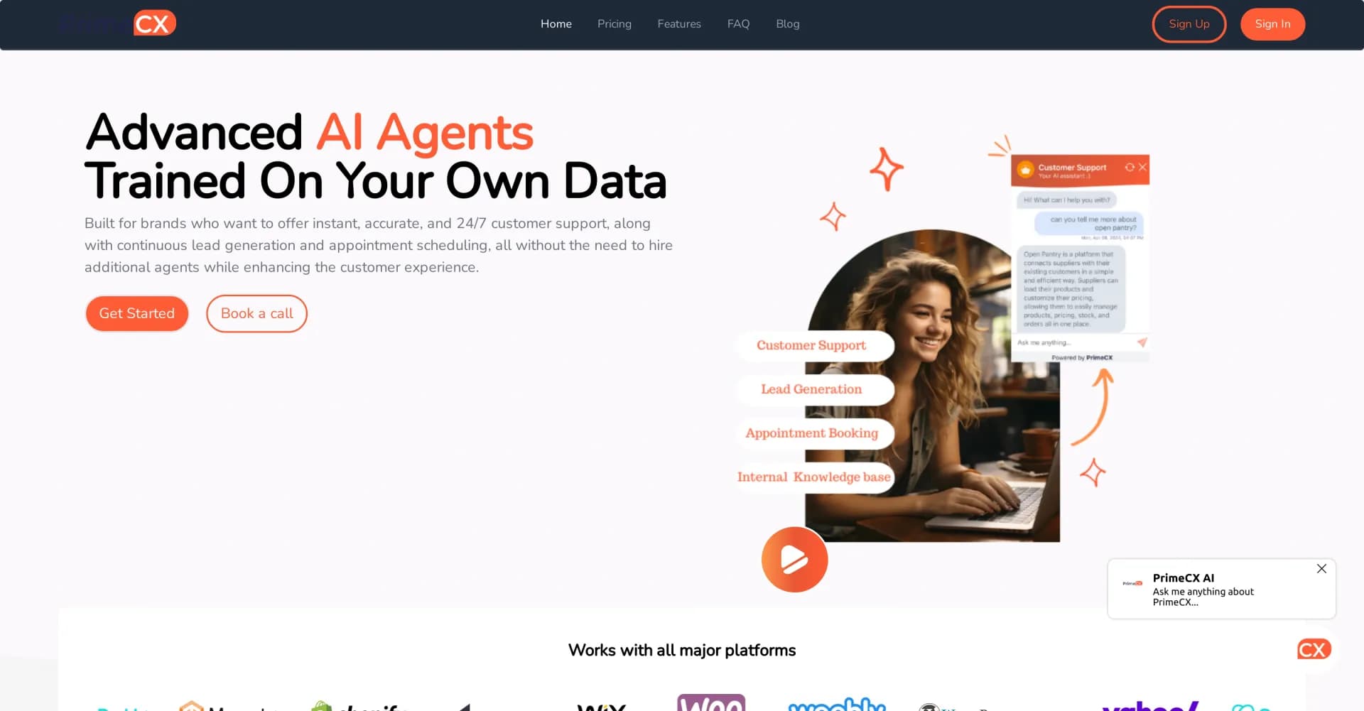 PrimeCX AI homepage screenshot — Build AI chatbots for seamless customer engagement.