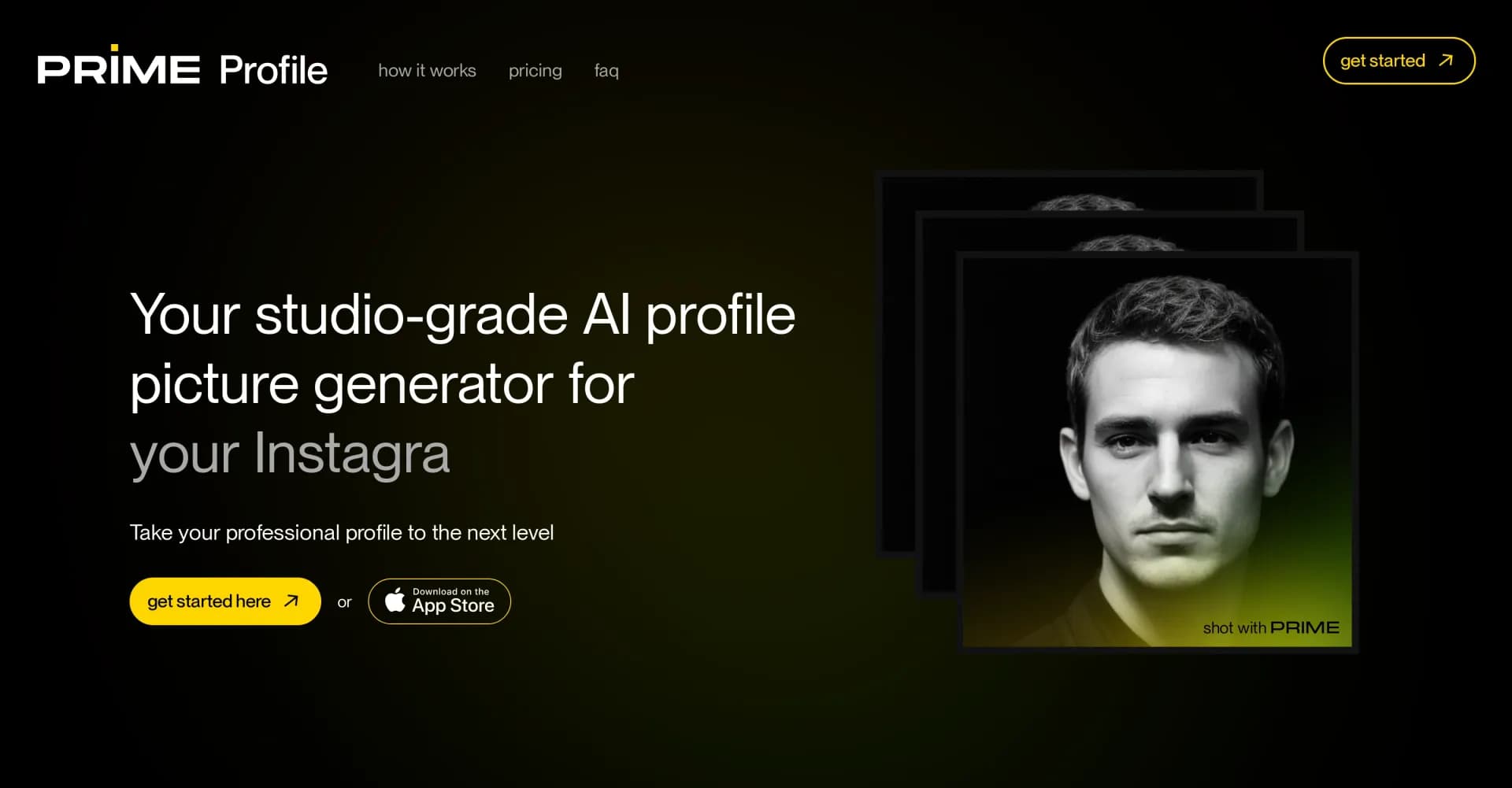 Primeprofile homepage screenshot — AI-powered studio-grade profile pictures in minutes.