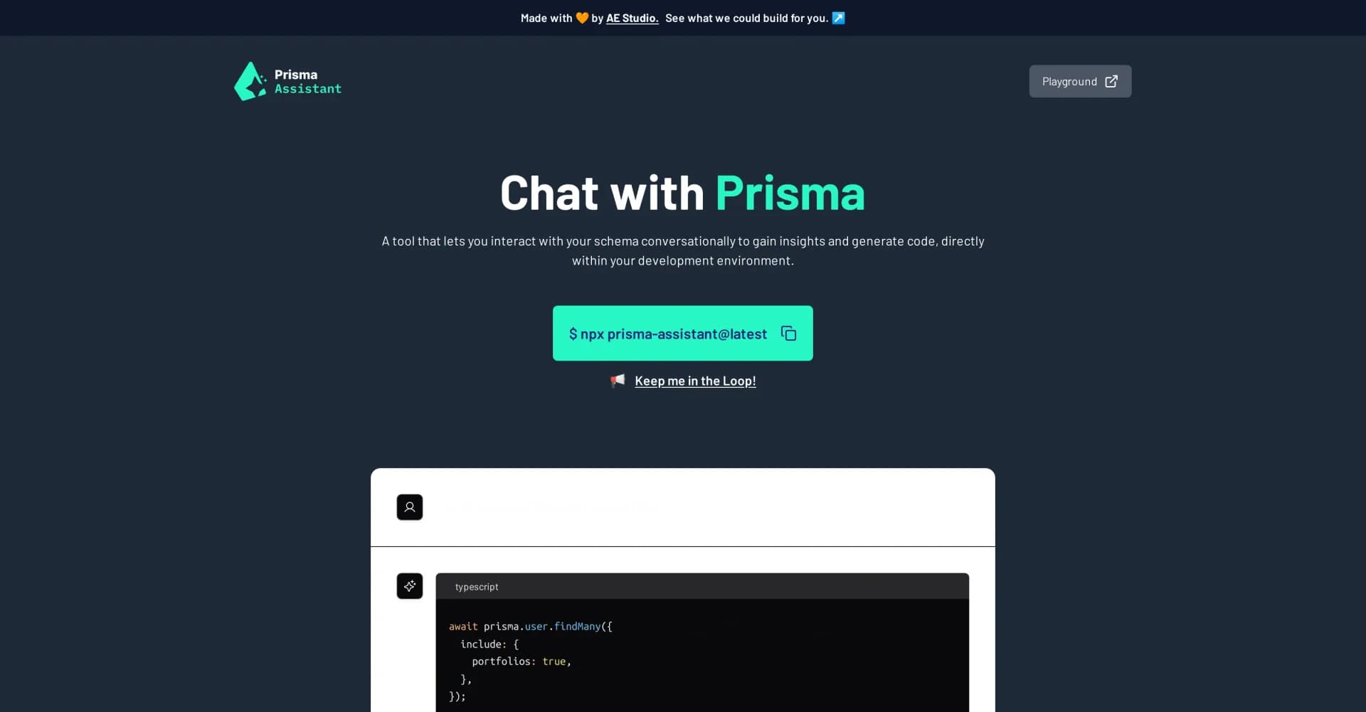 Prisma Assistant homepage screenshot — Converse with your schema to code smarter.