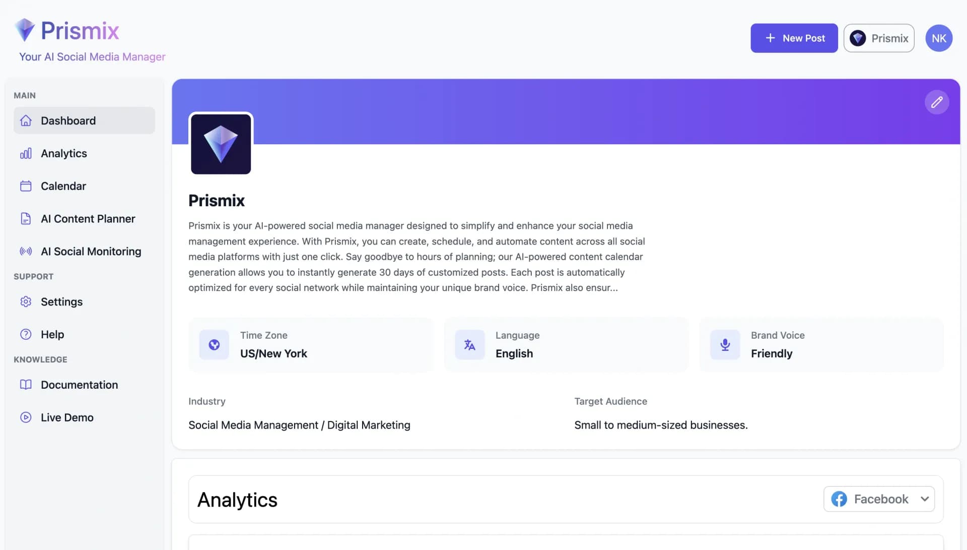 Prismixv1.1.0 homepage screenshot — Your AI Social Media Manager