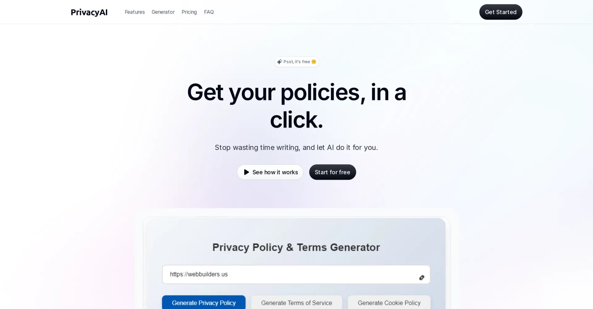 PrivacyAI homepage screenshot — Generate legal policies in one click with AI
