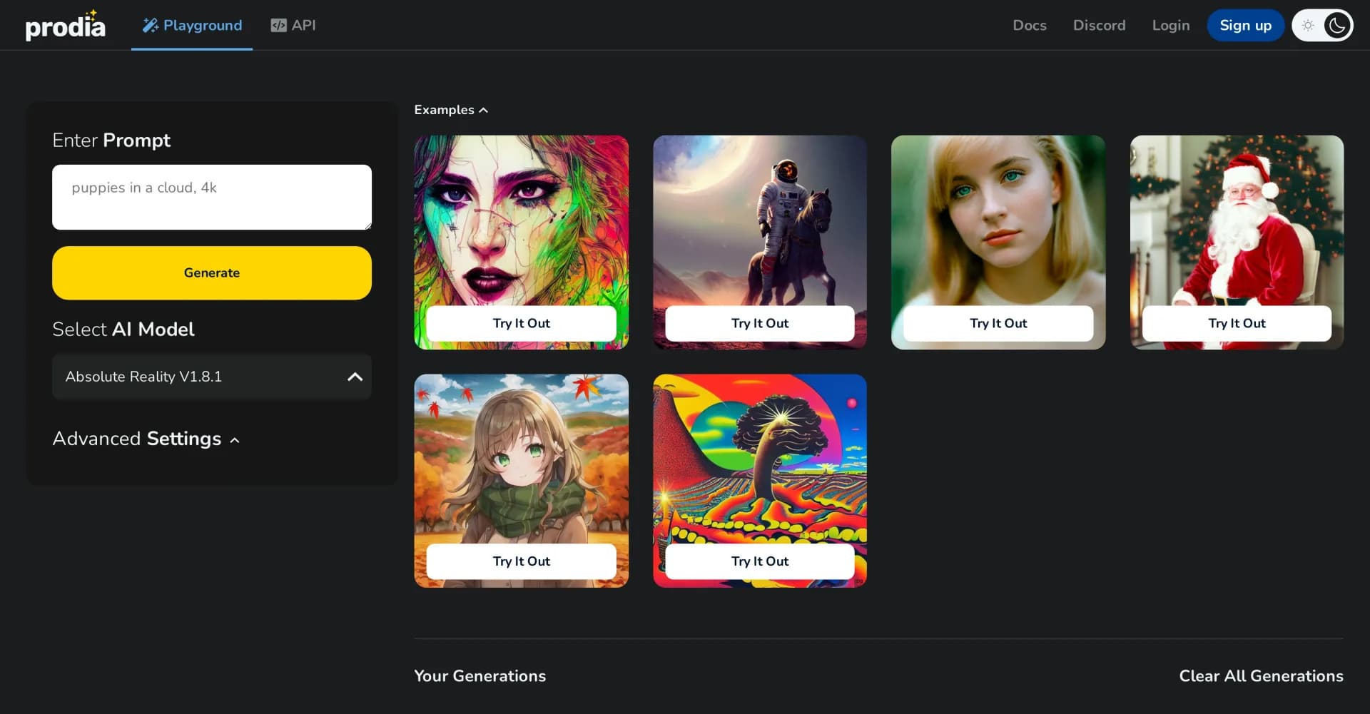 Prodia homepage screenshot — Affordable AI image generation at scale.