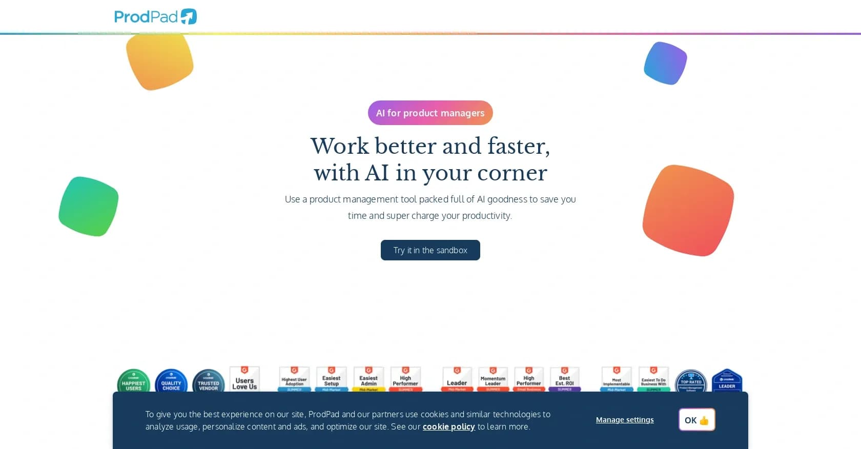 Prodpad homepage screenshot — Efficient product management solution.