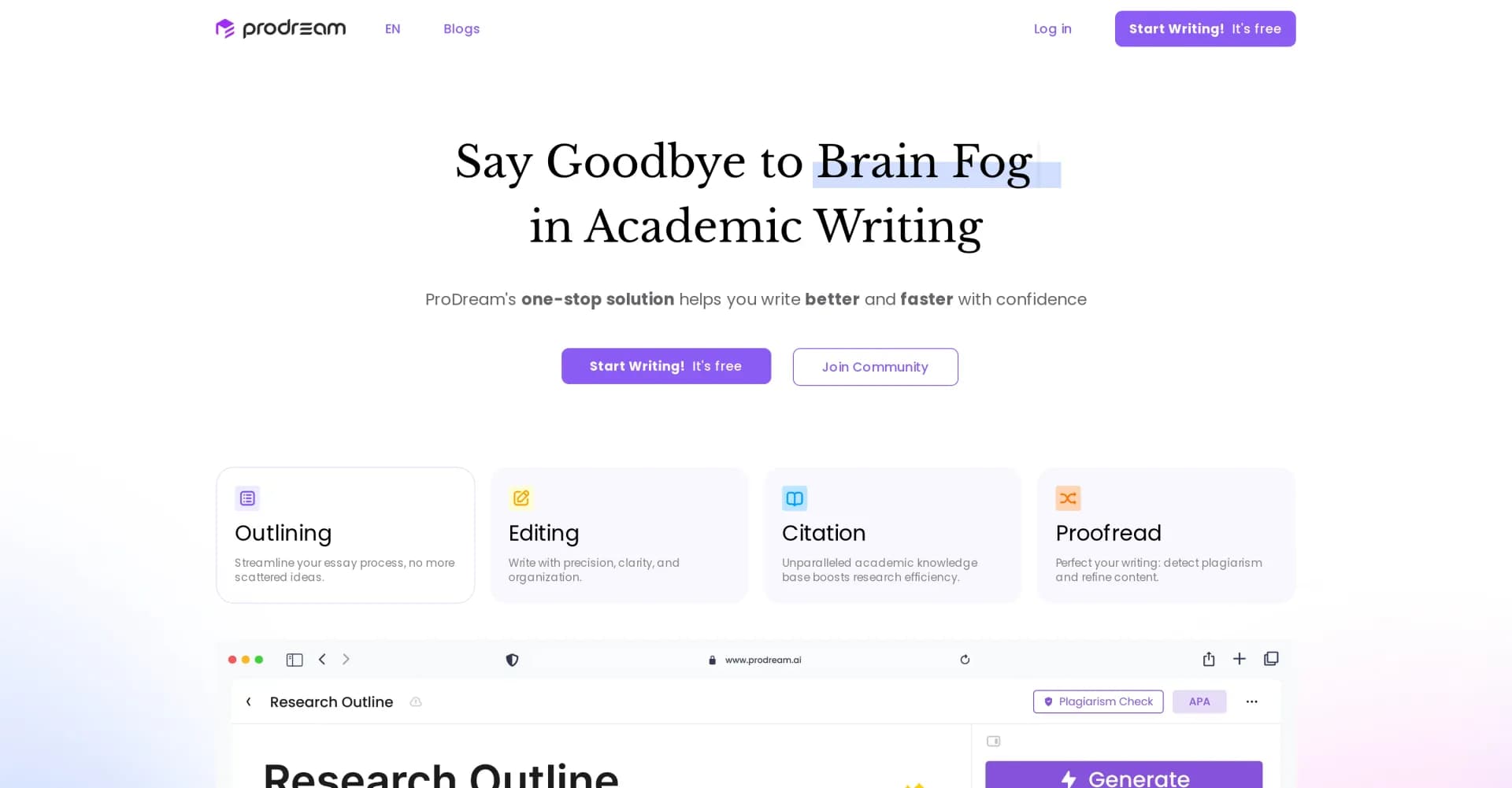ProDream homepage screenshot — AI-powered academic writing assistant for faster, better ess
