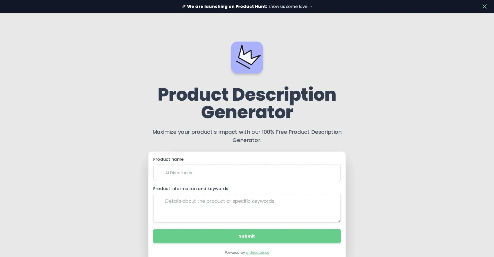 Product Description Generator by AIDirectories homepage screenshot — Product descriptions