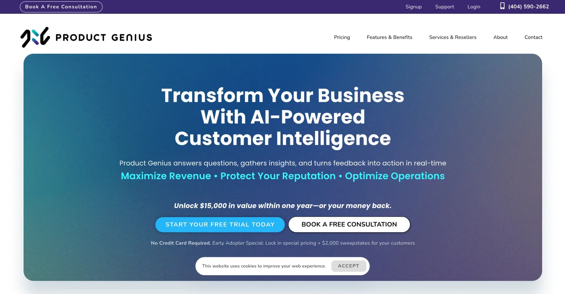 Product Genius homepage screenshot — Revolutionize product management with AI-powered insights.