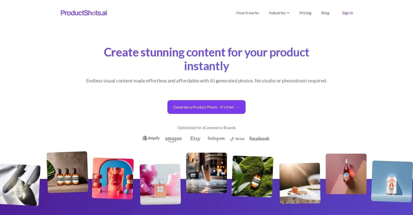 ProductShots homepage screenshot — eCommerce product photography without studio or shoot.