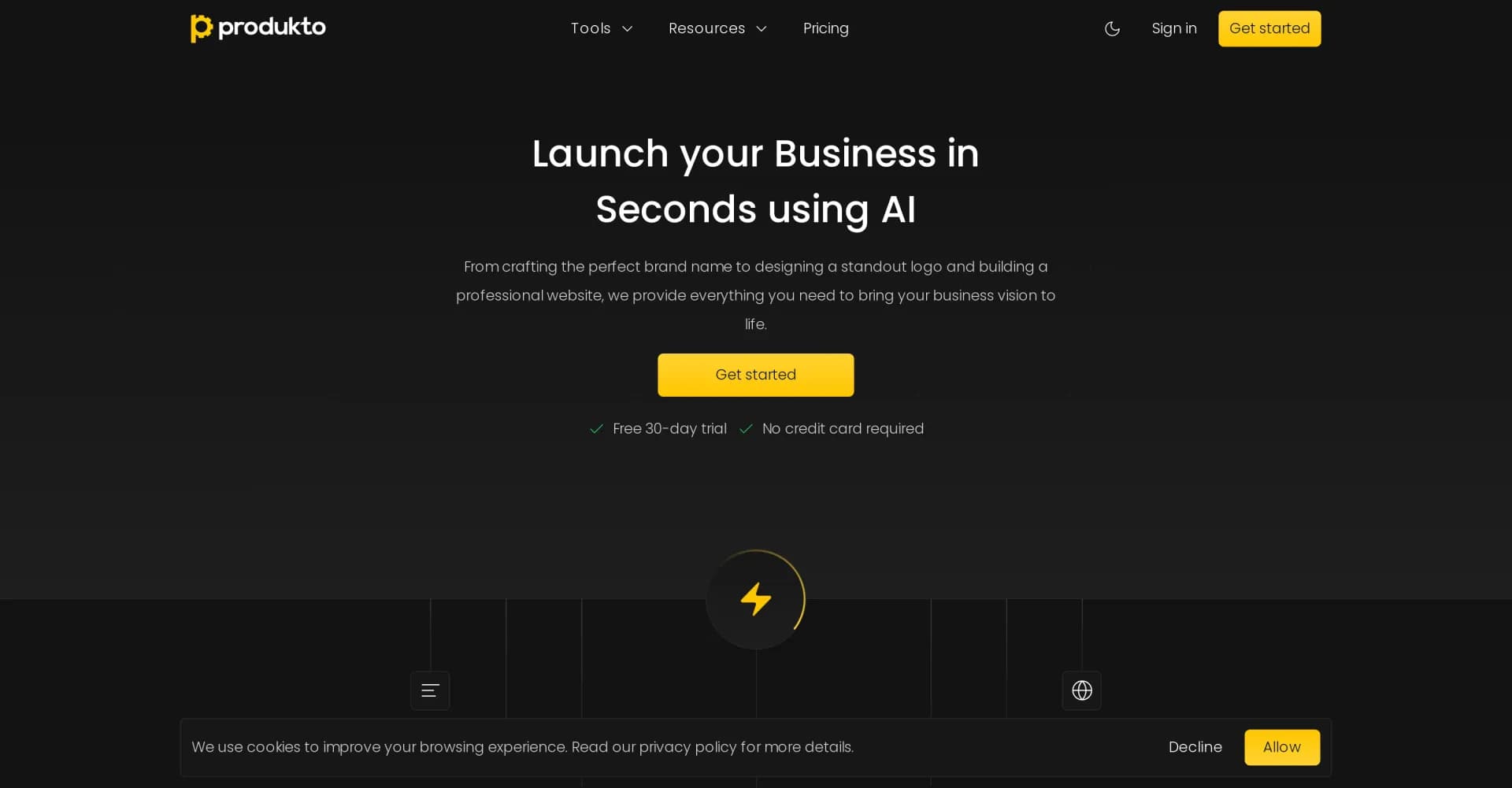 Produkto homepage screenshot — Launch your business instantly with AI-powered branding.