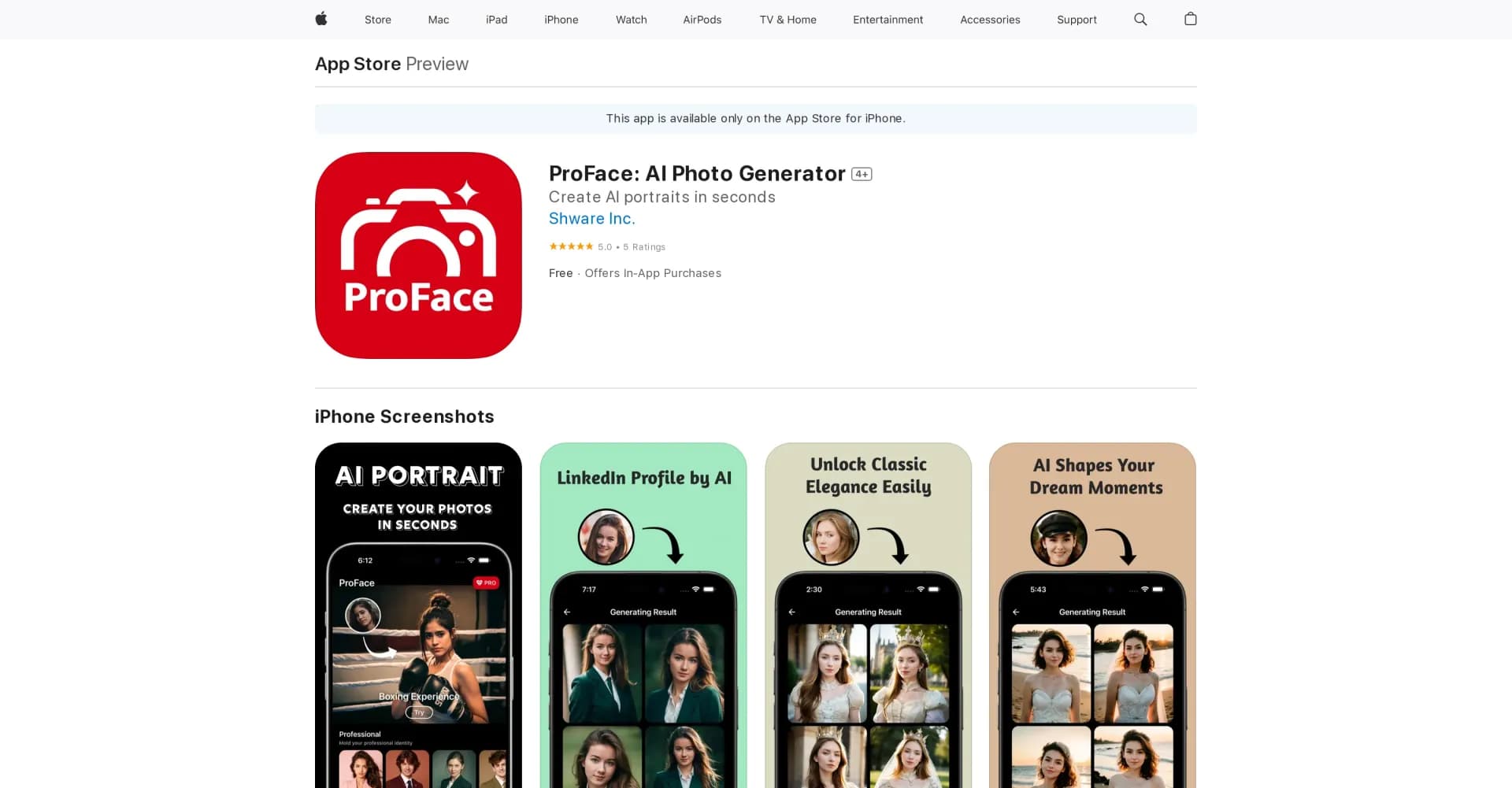 ProFace homepage screenshot — Create stunning AI-generated photos with ProFace.