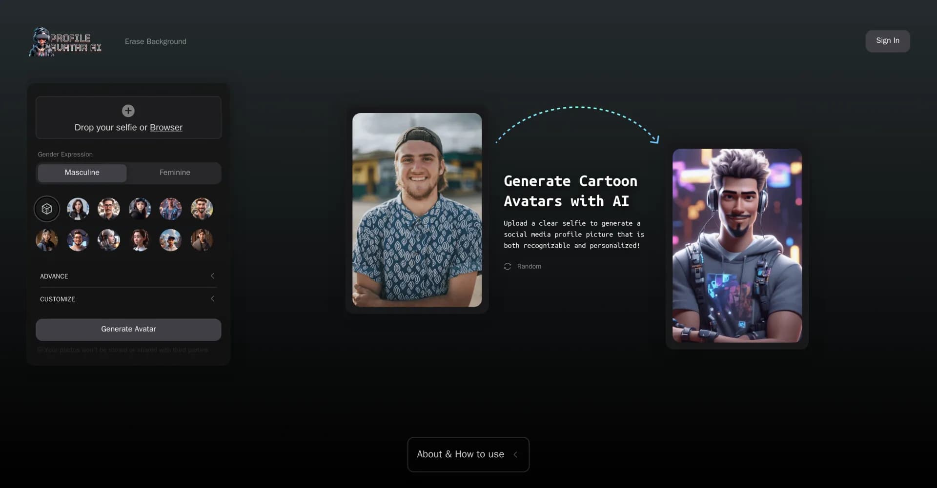 Profile Avatar AI homepage screenshot — Generate distinctive cartoon avatars for social media