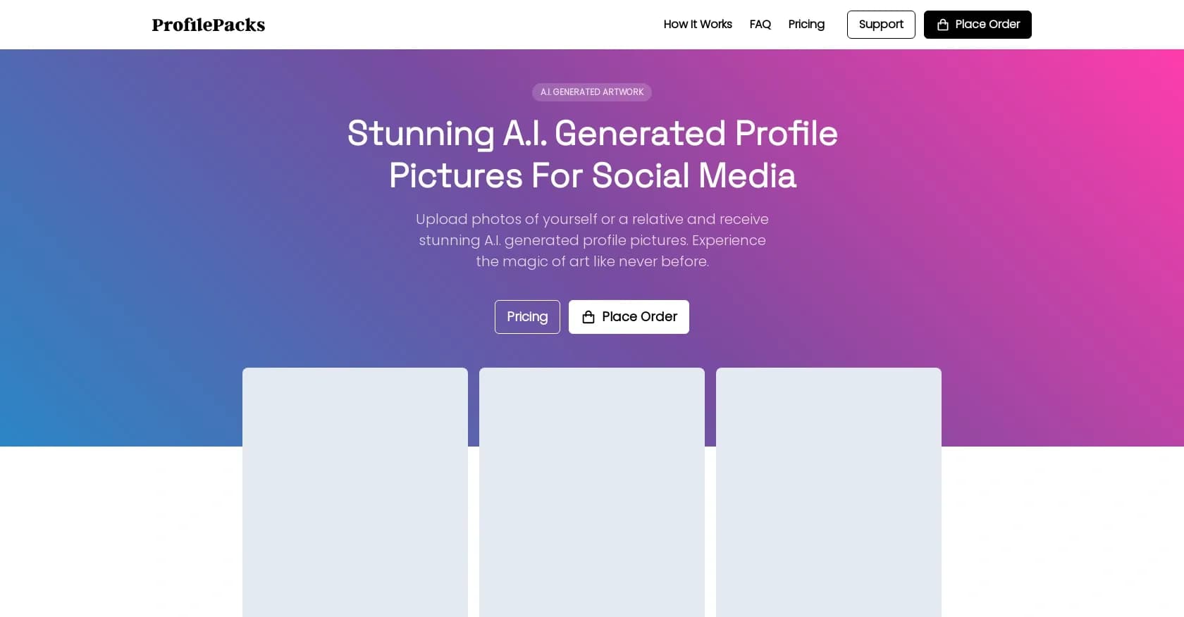 Profile Packs homepage screenshot — A.I. generated profile pictures for social media