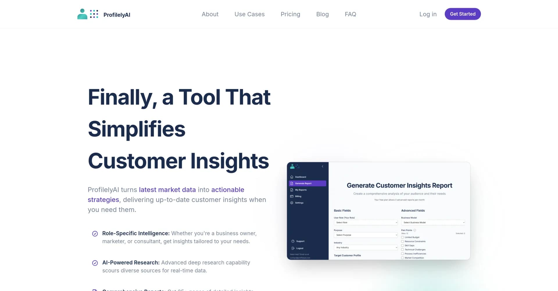 ProfilelyAI homepage screenshot — Turn market data into actionable strategies.