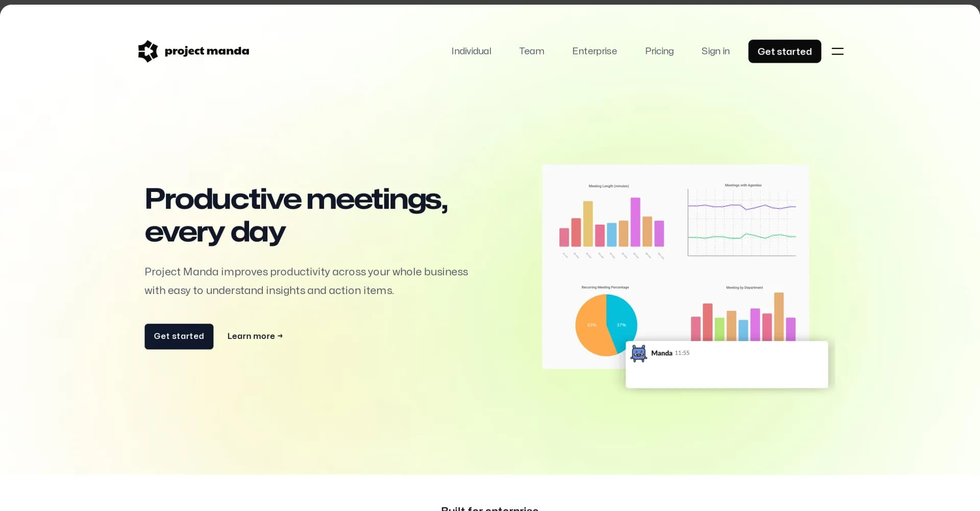 Project Manda homepage screenshot — AI-powered meetings for peak productivity
