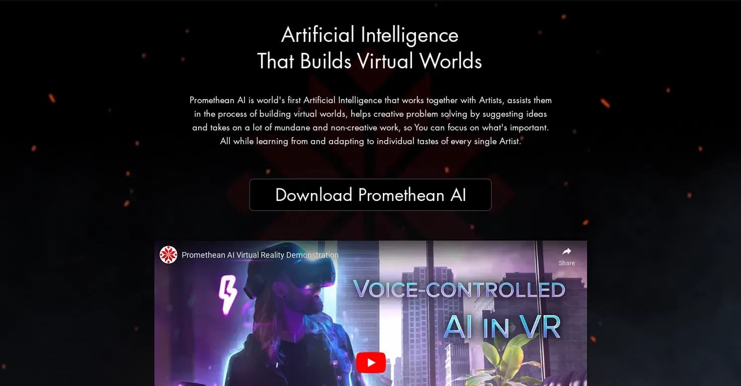 PrometheanAI homepage screenshot — AI assistant for building virtual worlds